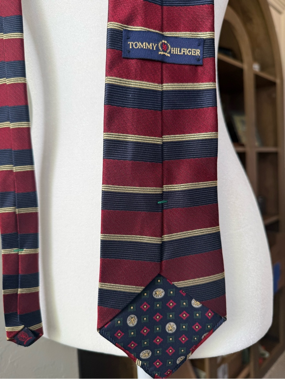 Tommy Hilfiger Italian Silk Tie Burgundy Navy Gold Striped Preppy 4”